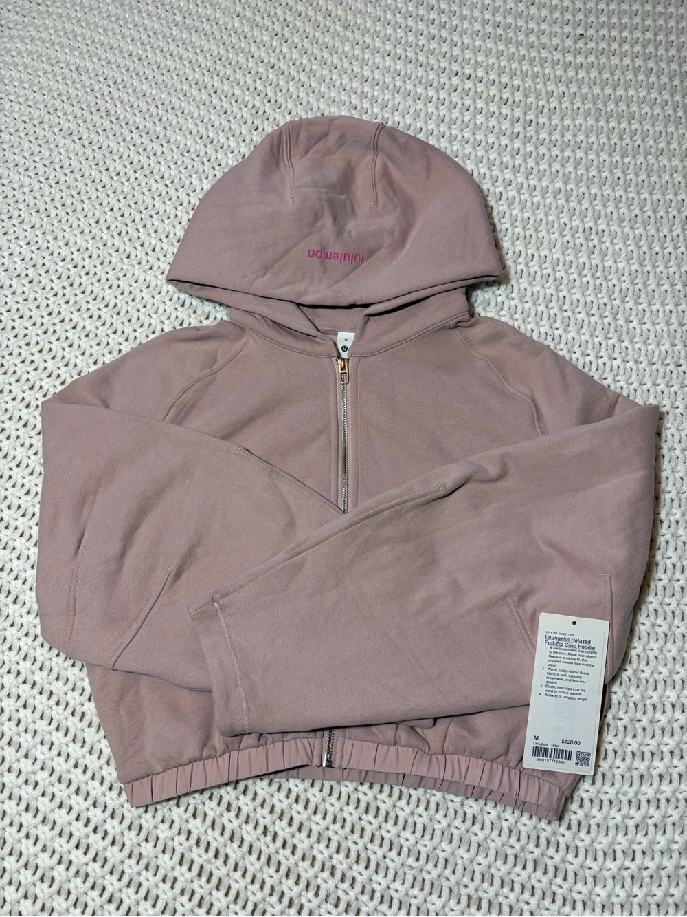 lululemon loungeful relaxed full zip crop hoodie in mink berry size medium
